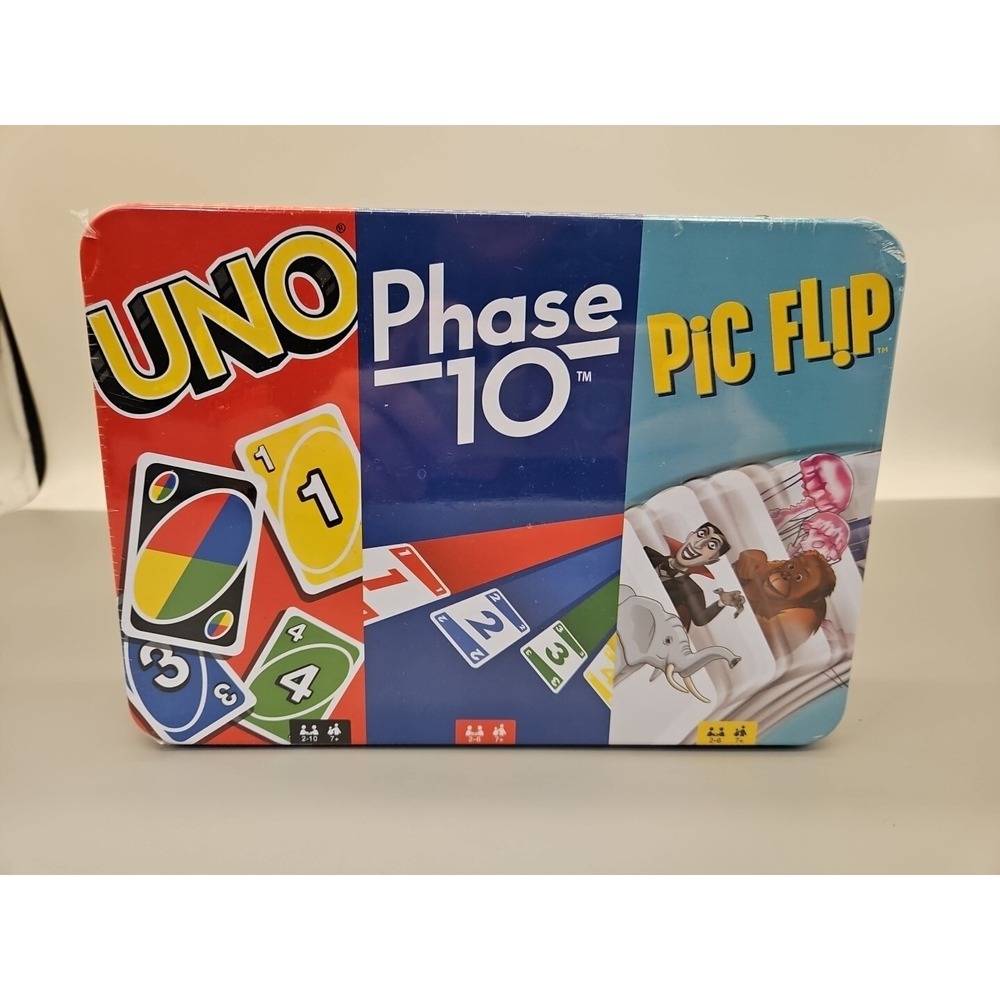 UNO, Phase 10 and Pic Flip Bundle Games New In Sealed Tin. By Mattel